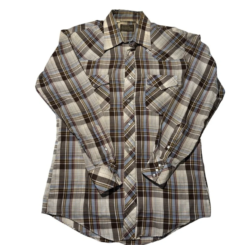 JC PENNEY MENS WESTERN SHIRT SIZE 15.5-34 PEARL SNAPS BROWN/ BLUE PLAID THIN